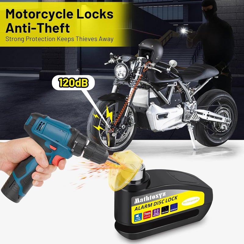 Mathtoxyz Motorcycle Lock Rechargeable, 120dB Alarm Disc Brake Locks Anti-Theft Security Wheel Disc Lock Waterproof with 5ft Reminder Cable and Carry Pouch for Motorbike Bike Scooter - Image 2